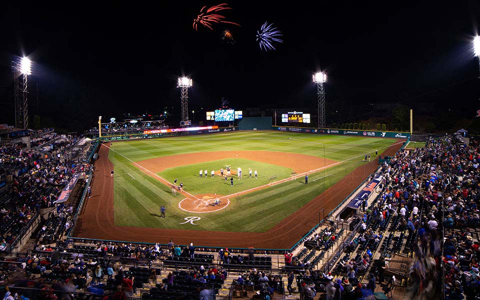 Tacoma Rainiers evening baseball game at Cheney Stadium, Tacoma, with fireworks show underway