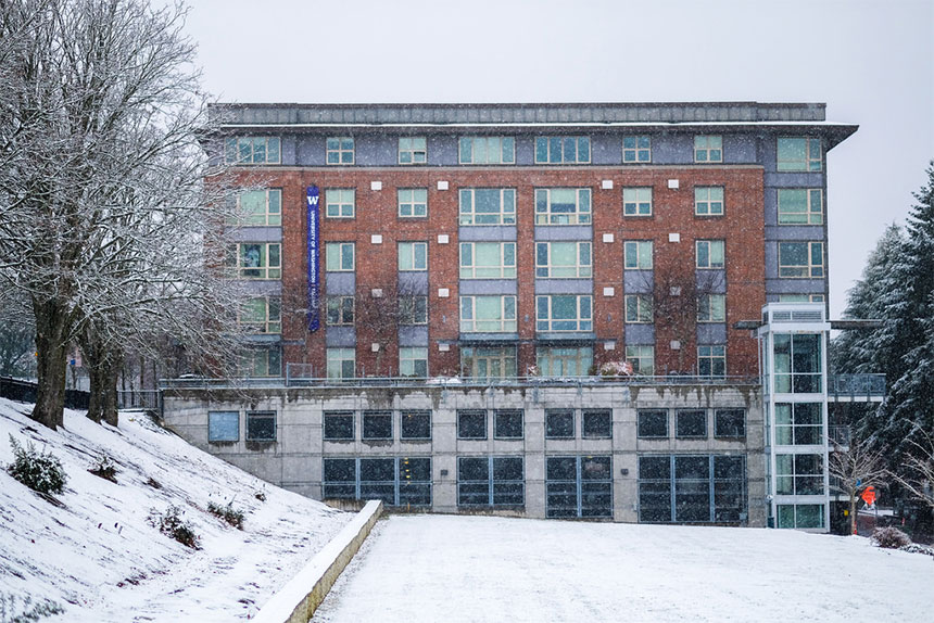Court 17, UW Tacoma's residential hall, during a snowstorm.
