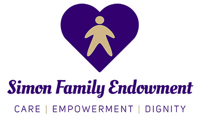 Logo for Simon Family Endowment. Purple heart with gold silhouette of person, words Care, Empowerment, DIgnity