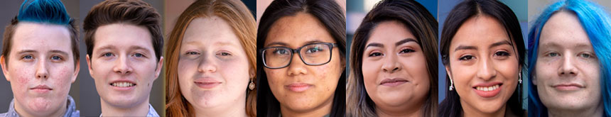Row of headshots of seven members of the UW Tacoma 2019 Senior Class Gift committee.