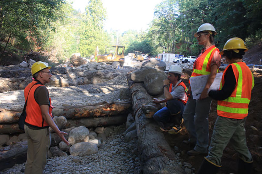 Scientists and engineers in hardhats and safety vests examining the newly-restored Thornton Creek in Seattle.