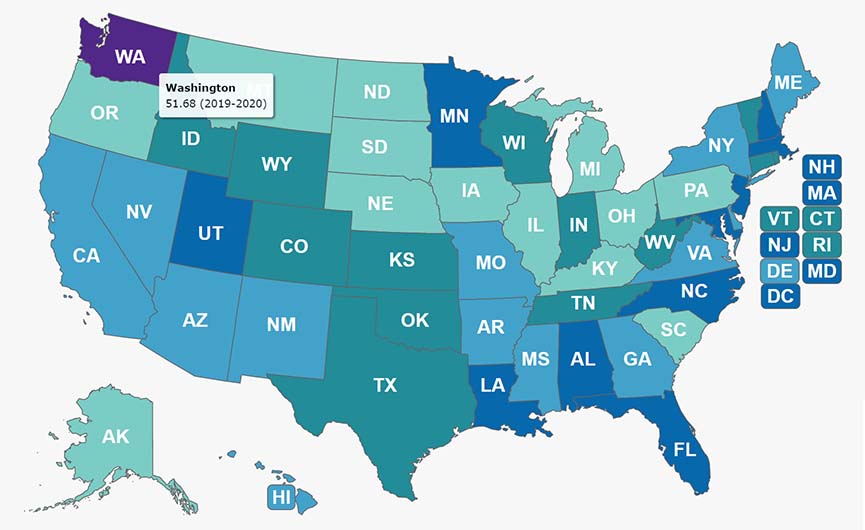 Choropleth map of United States showing rates, per 10,000 students, of underqualified educator hires by state.