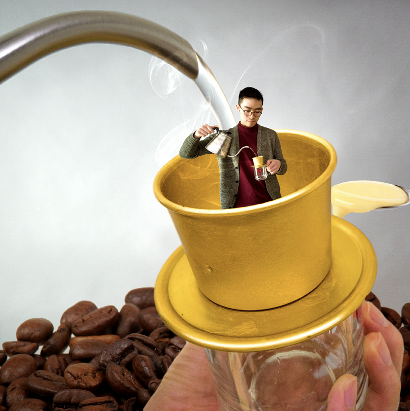 PICTURED: A closeup of a hot water nozzle draining into a pour-over coffee maker's cup, where a small man is also making coffee in the same manner.