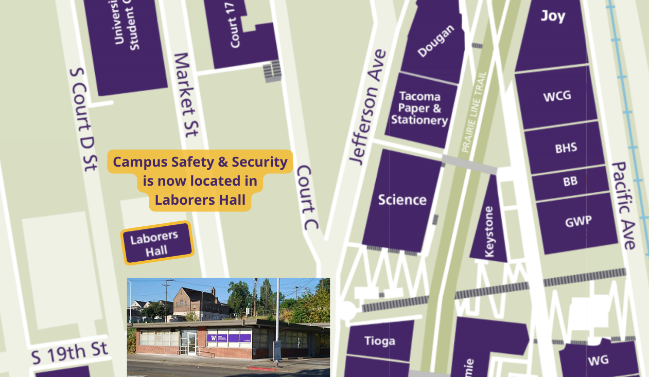 Campus map with Laborers Hall highlighted, inset image of building and text reading "Campus Safety and Security is now located in Laborers Hall"