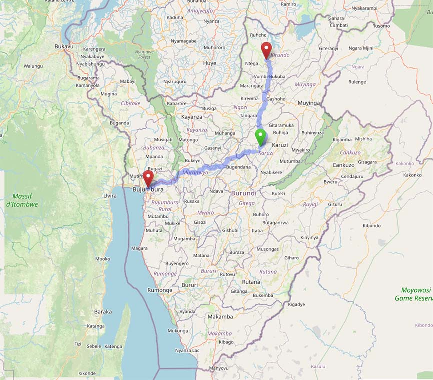 Map of Burundi, Africa, showing modern routes from Elavie Ndura's village to the town of her boarding school, and then to the city of her high school.