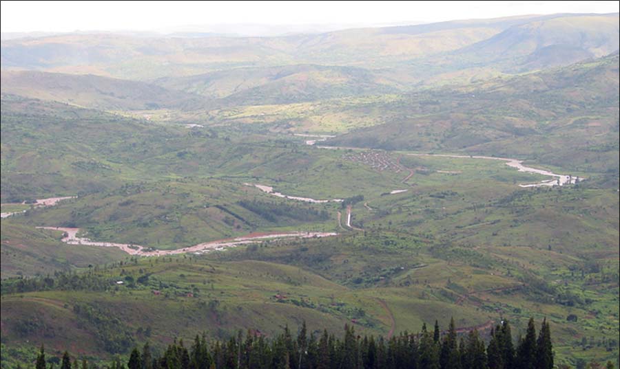 Landscape of Burundi, Africa. Hills, river, trees, villages.