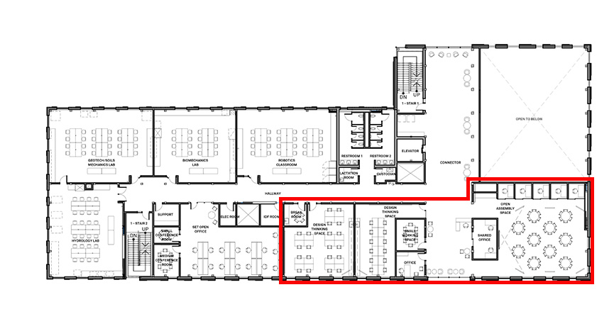 Floorplan of UW Tacoma's Milgard Hall, floor two, with GID Lab spaces outlined in red.