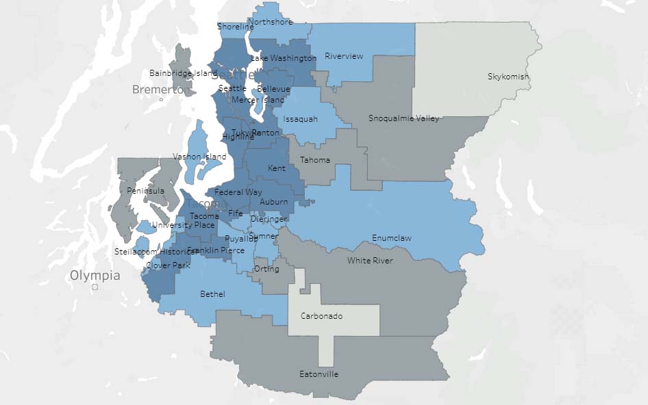 Map of Puget Sound urban counties showing percentage of English language learners in each school district. Darker blue equals higher percentage.