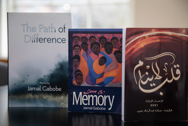 A copy of Jamal Gabobe's three books from left to right: The Path of Difference, Love and Memory and The Restless Heart