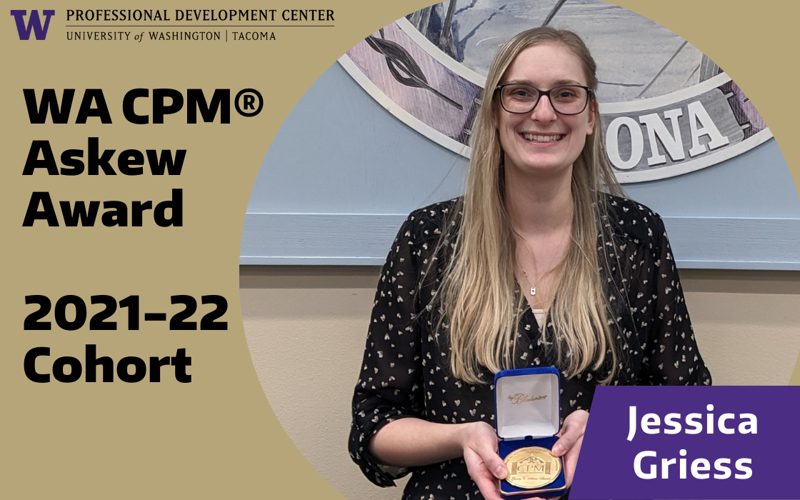 Woman in glasses with long blonde hair holding an award medallion, image text "WA CPM Askew Award 2021-22 Cohort"