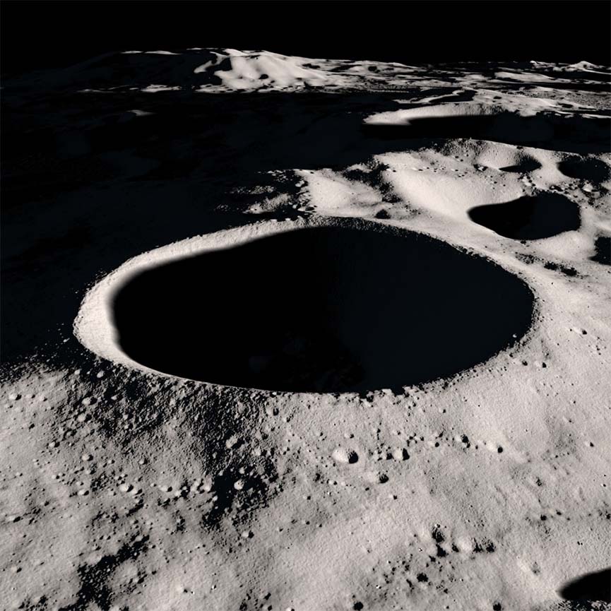 Visualization of Shackleton Crater on the moon. Visualization by NASA's Scientific Visualization Studio.