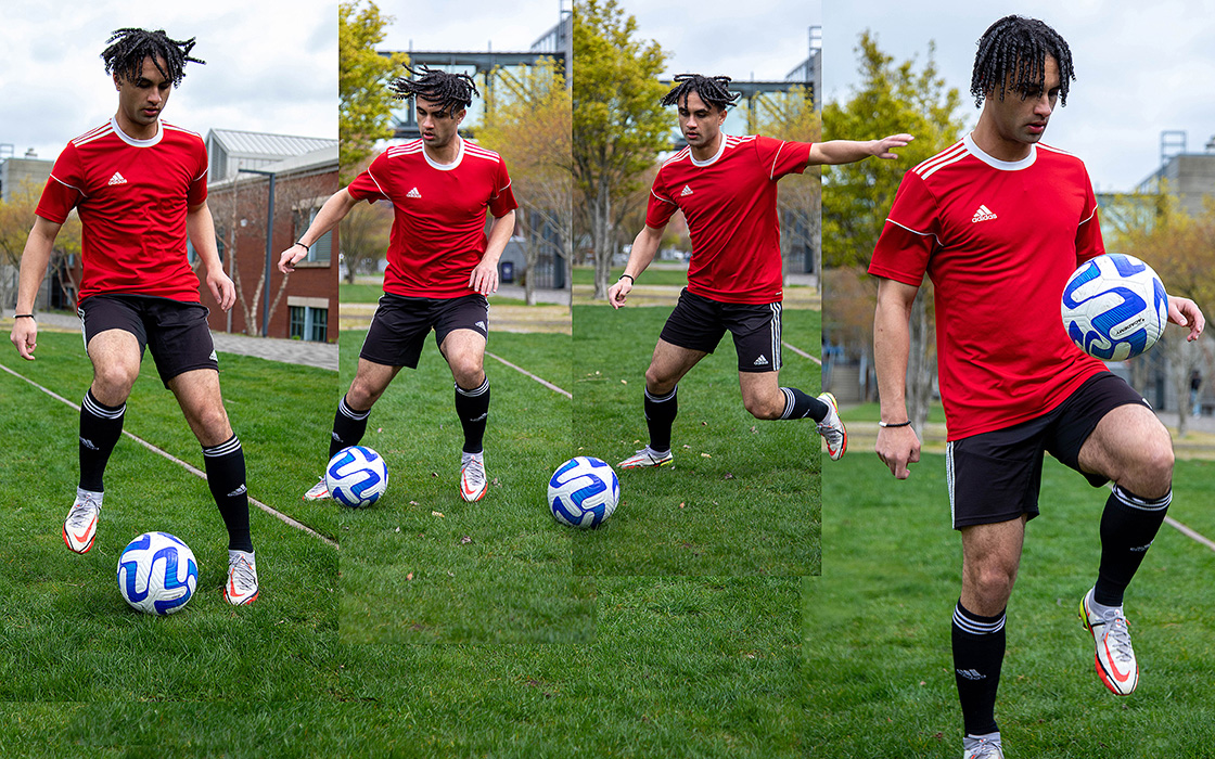 A photo collage of Martin Shehata playing soccer. Shehata is wearing a red top and black shorts. He also has on white cleats and dark socks. Shehata is playing on a grass field. There are buildings and trees in the background.