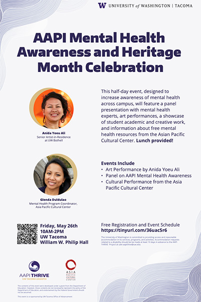 A flyer advertising a mental health and heritage celebration for the AAPI community at UW Tacoma.