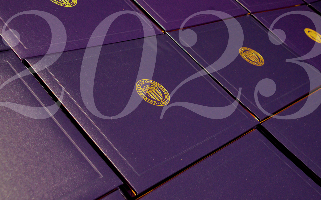 Purple leather University of Washington diploma covers with text '2023' superimposed