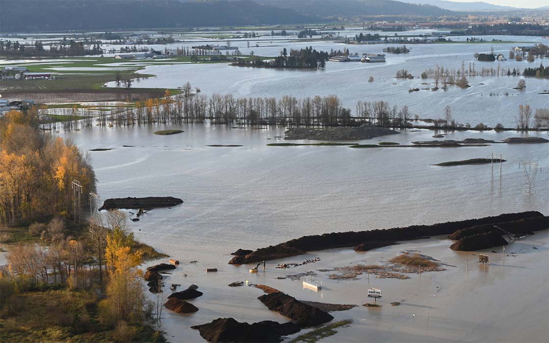 Aerial view of Sumas Prairie and Fraser River Valley area of British Columbia during 2021 floods.