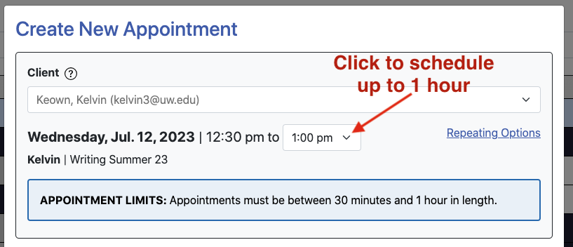 image showing how to make an appointment 1 hour