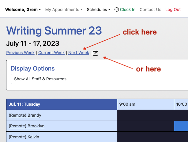 image of where to click to advance schedule calendar