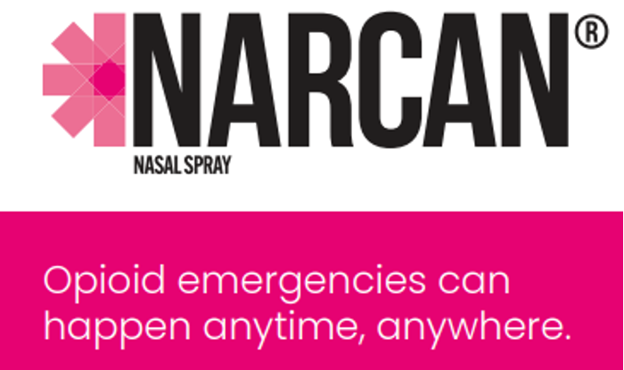 NARCAN logo with words "opioid emergencies can happen anytime, anywhere"