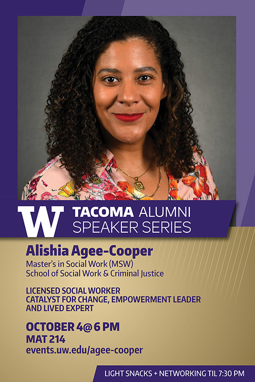 A graphic for Alishia Agee-Cooper promoting her talk as part of the Alumni Speaker Series on October 4 at 6 pm.