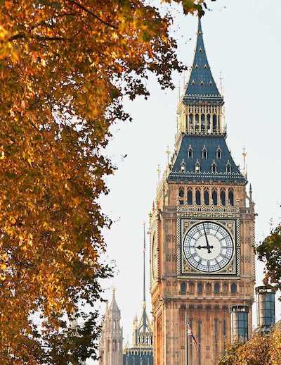 Image of Big Ben with leaves surrounding border of image