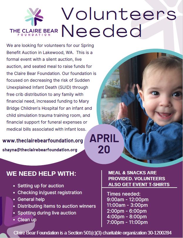a flyer for a volunteer opportunity with The Claire Bear Foundation held on April 20, 2024