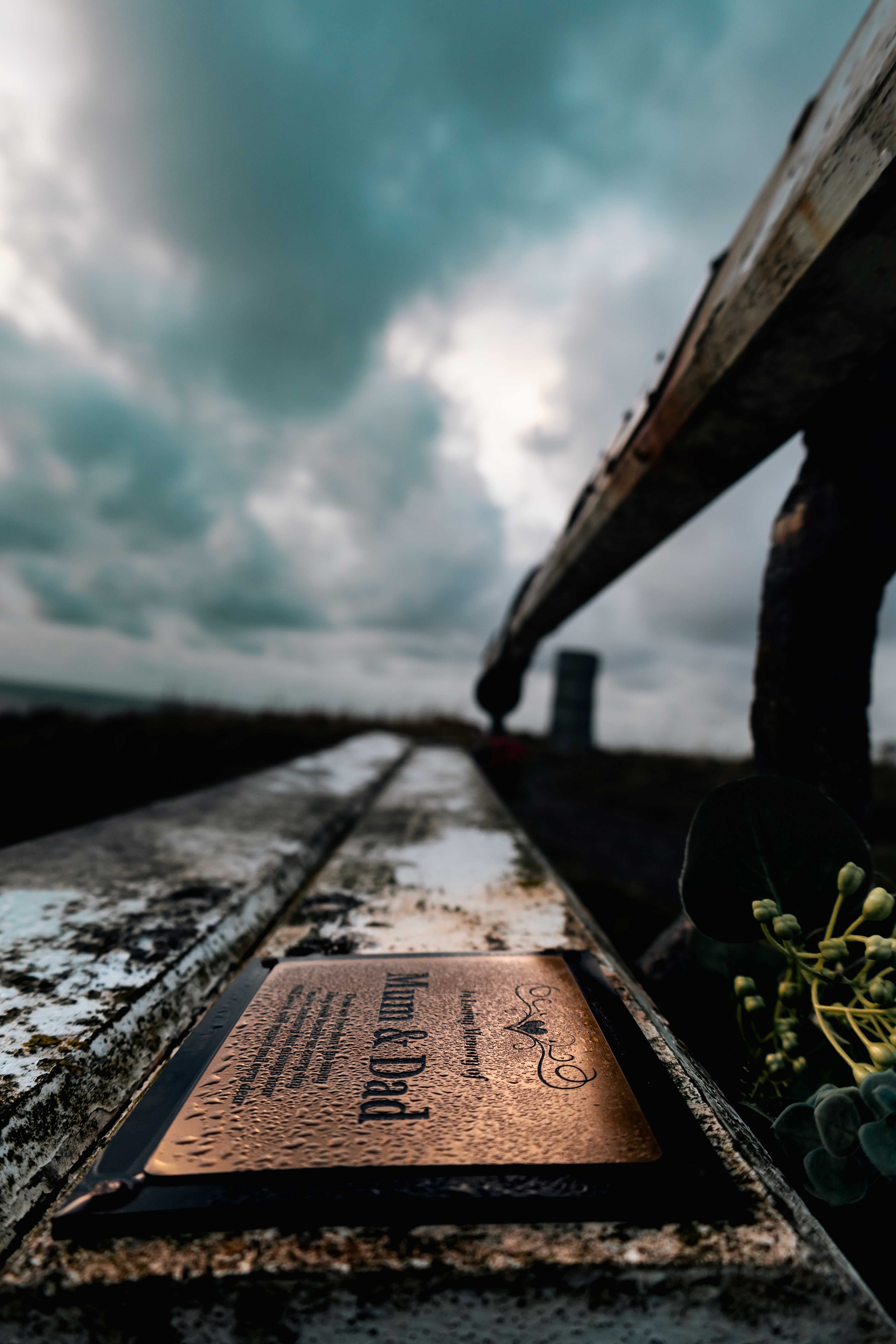 Bronze plaque reads "Mom & Dad" on bench with overcast and cloudy sky overhead