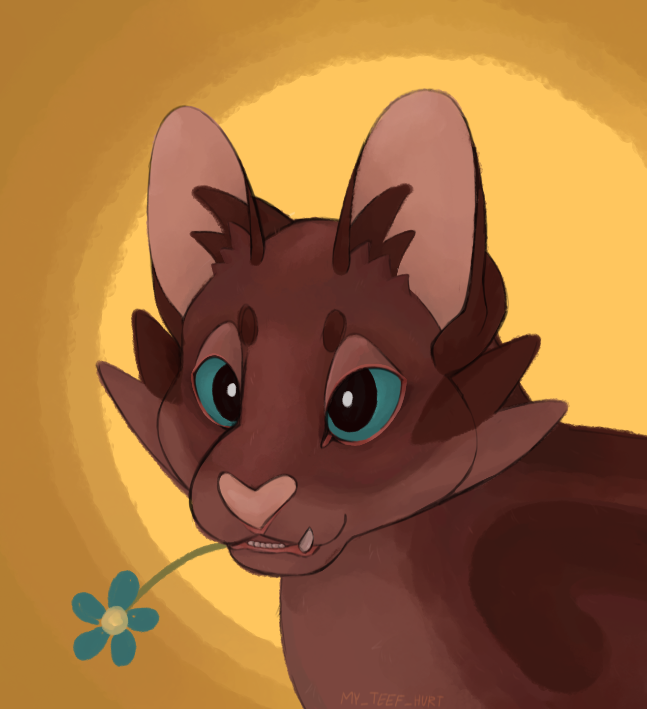 Painting of a brown cat-creature with teal eyes and a teal flower hanging out of its mouth