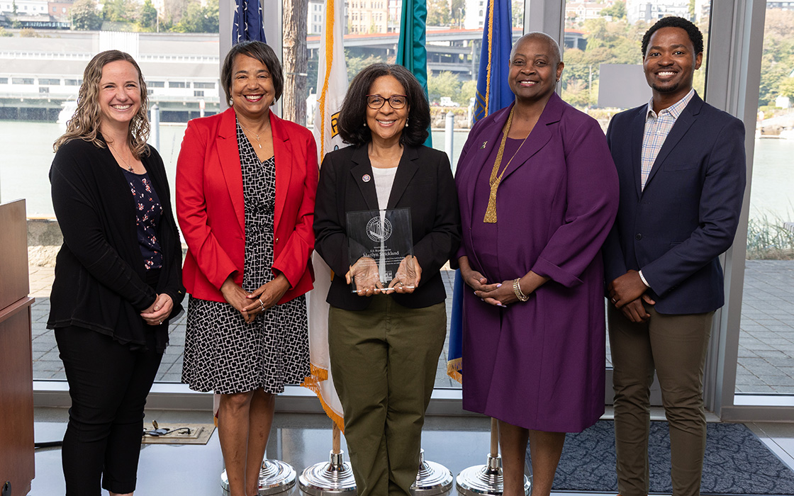From left to right: Kira King, Lead Academic Advisor, UW Tacoma School of Engineering and Technology; Tacoma Mayor Victoria Woodards; Congresswoman Marilyn Strickland; UW Tacoma Chancellor Sheila Edwards Lange; Degrees of Change CEO Marquise Dixon