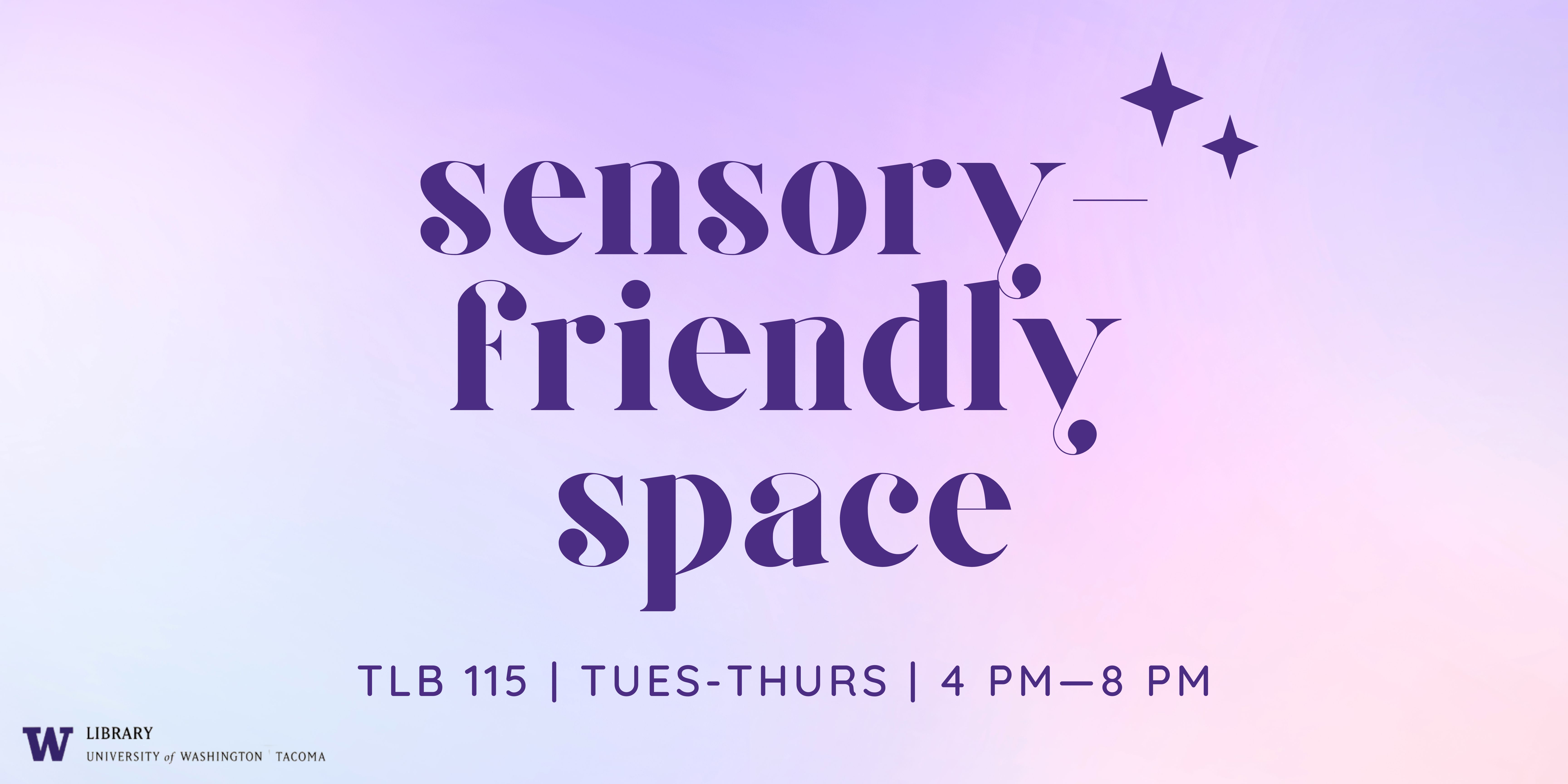Sensory friendly space banner, soothing purpe tnes with sparkly graphics