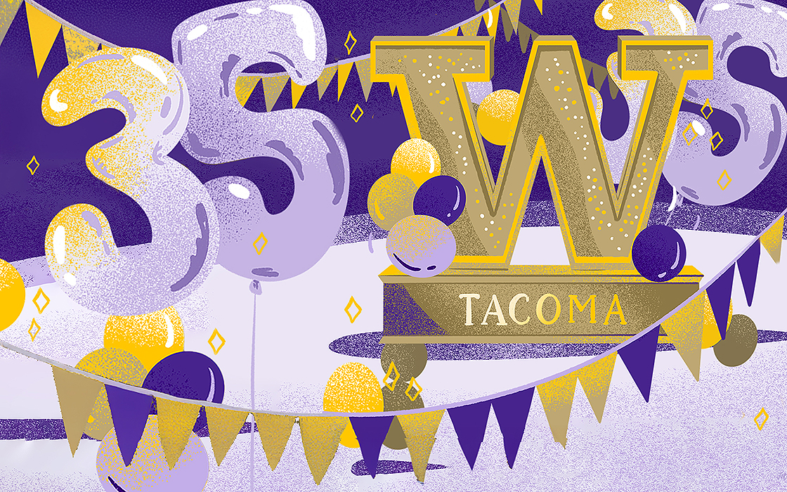 An illustration of the block "W" for UW Tacoma alongside purple and gold streamers and balloons shaped like the number 35.