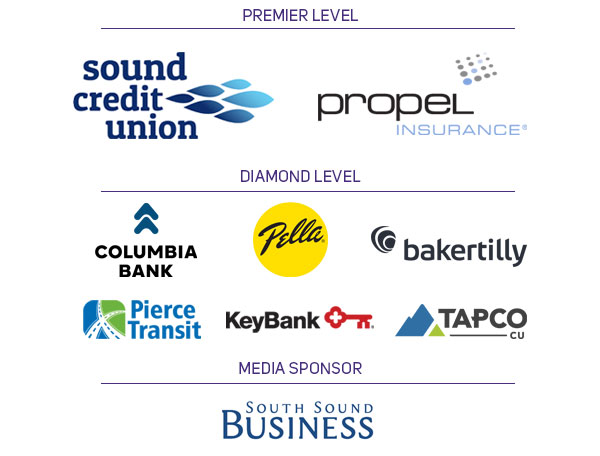 Premier Sponsors: Sound Credit Union, Propel Insurance; Diamond Sponsors: BakerTilly, Columbia Bank, KeyBank, Pella Windows & Doors, Pierce Transit, Tapco Credit Union; Media Sponsor: South Sound Business