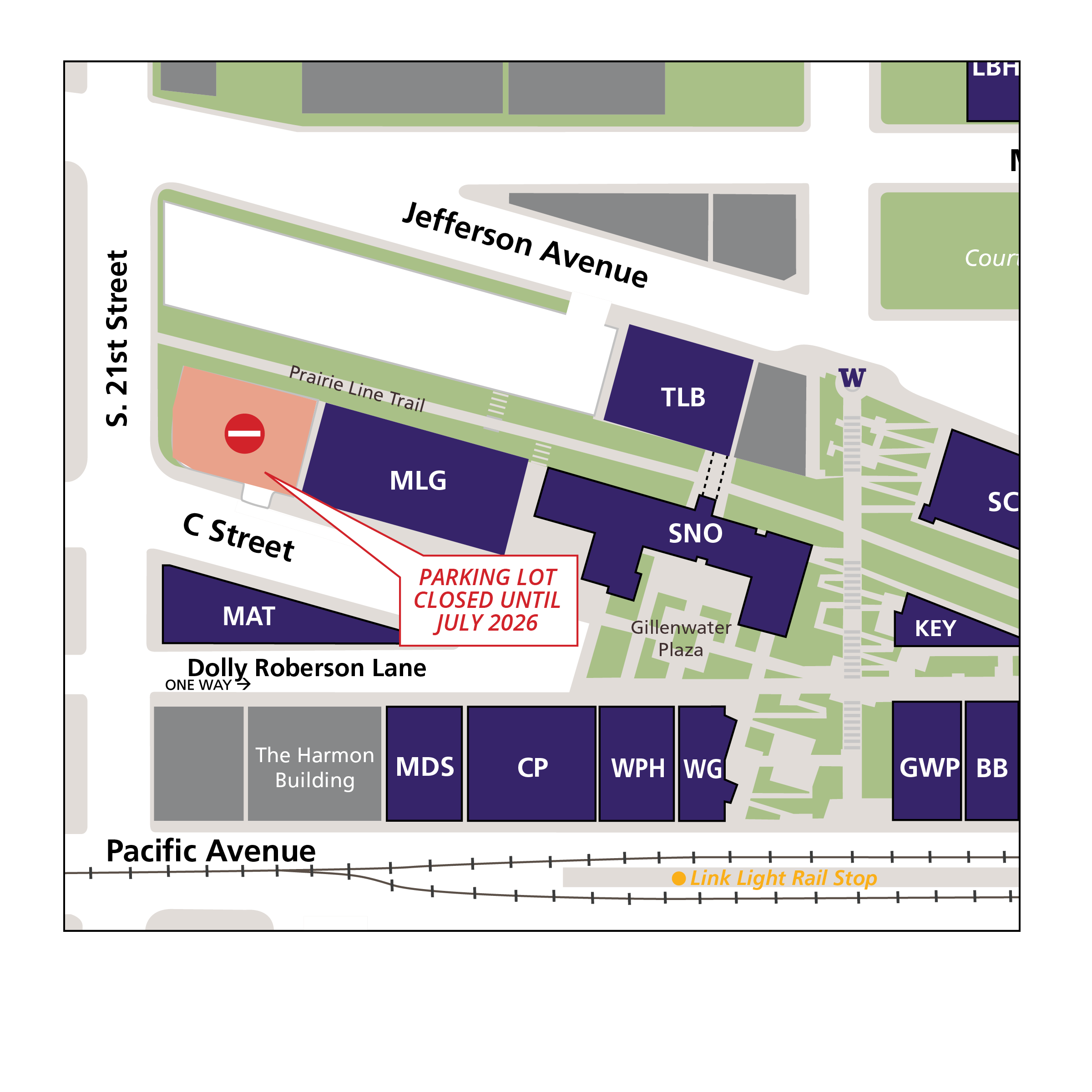 Map showing Cragle lot at corner of S. 21st Street and C Street is closed until July 2026