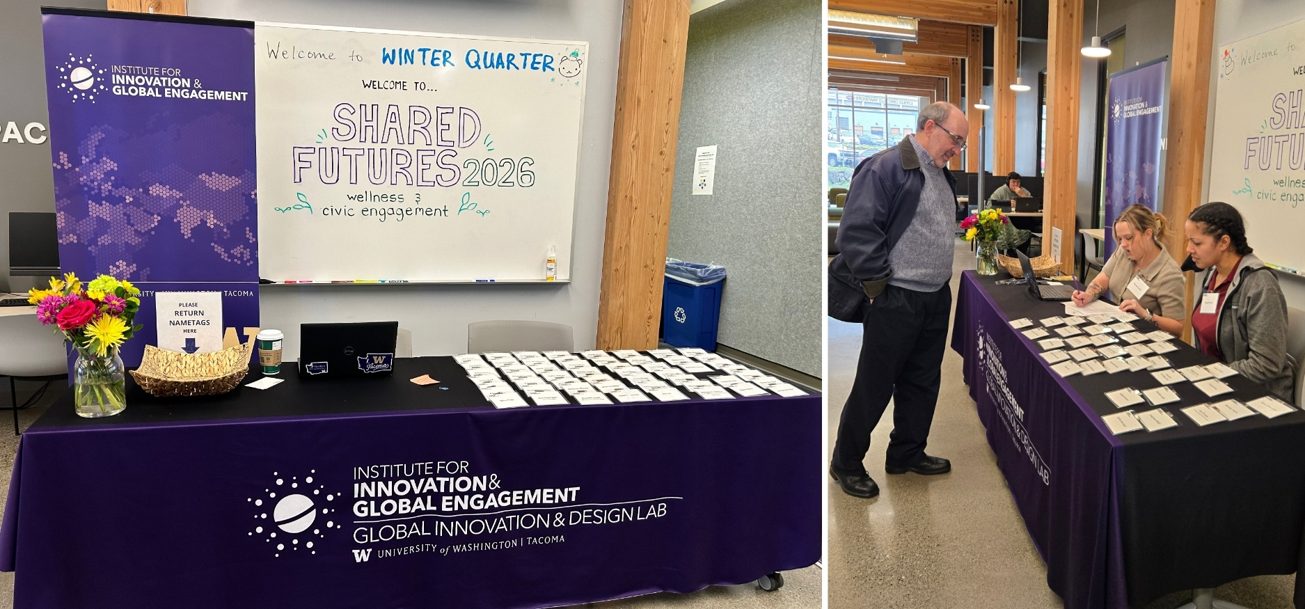 Welcome Table for Shared Futures 2026 with nametags, flowers and a prepared whiteboard. Global Honors student volunteers assisting a community guest to sign in for the Shared Futures 2026 event.