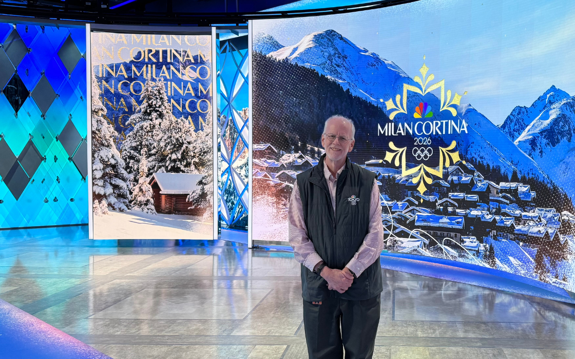 Bill Kunz poses for a picture in the NBC Sports studio in Stamford, Connecticut while covering the 2026 Milan Winter Games.
