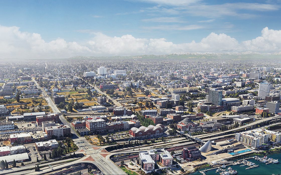 An aerial illustration of the downtown Tacoma skyline.