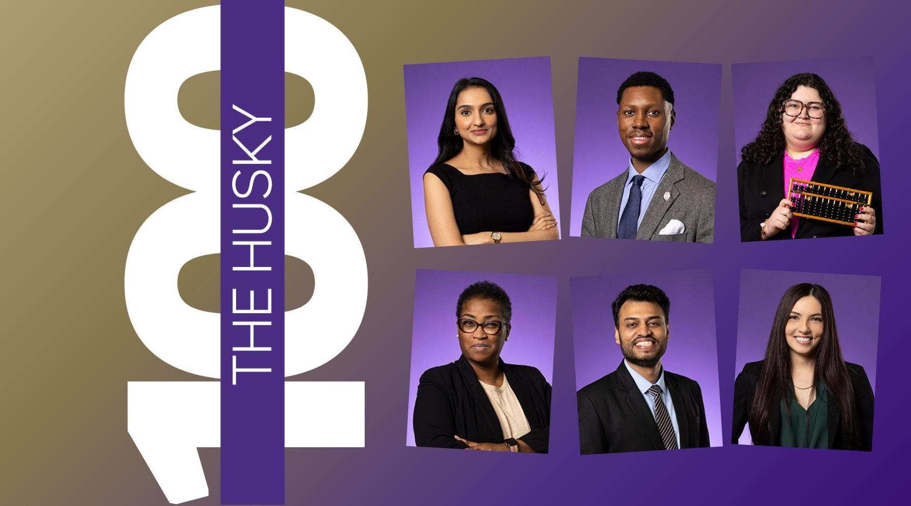 A collage of portraits for students from UW Tacoma selected to for the 2026 cohort of the Husky 100. 