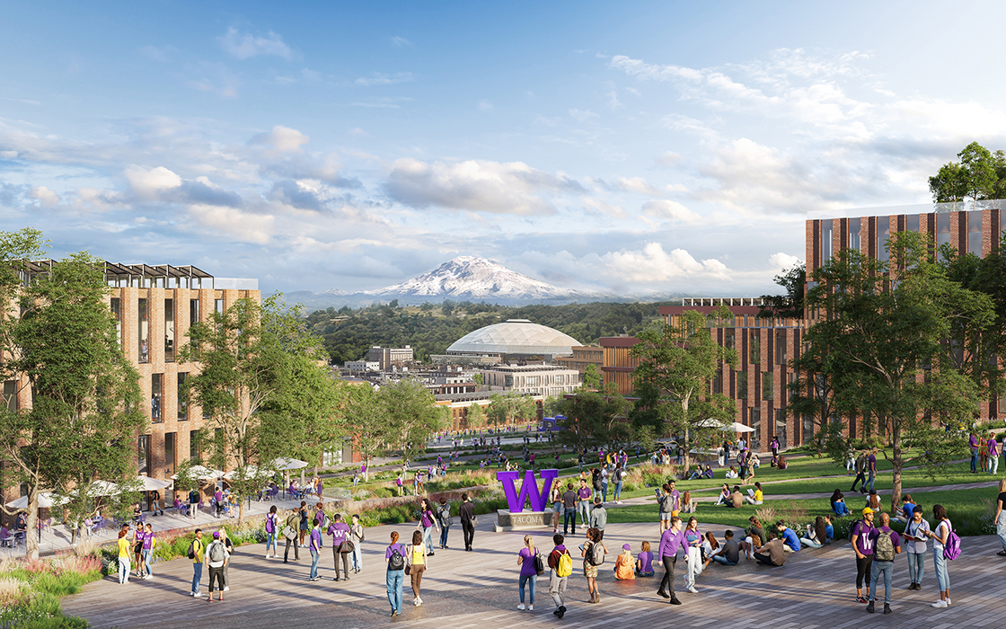 A rendering of what the view to Mount Rainier could look like as part of the vision outlined in UW Tacoma's new campus master plan.
