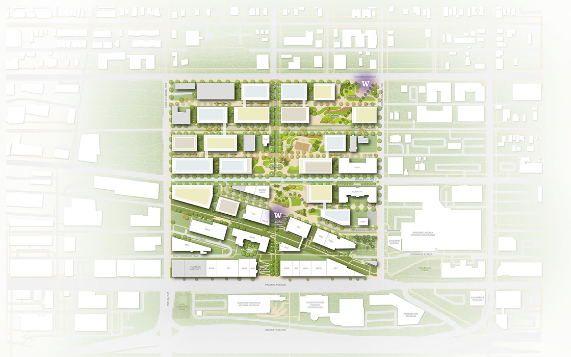 An aerial map shows how UW Tacoma plans to expand its footprint to Tacoma Avenue and toward the Hilltop neighborhood.