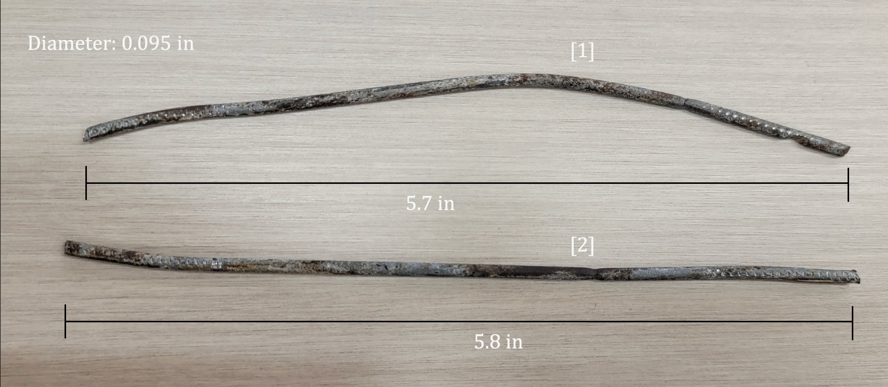 Cable samples showing test order, lengths, and diameters