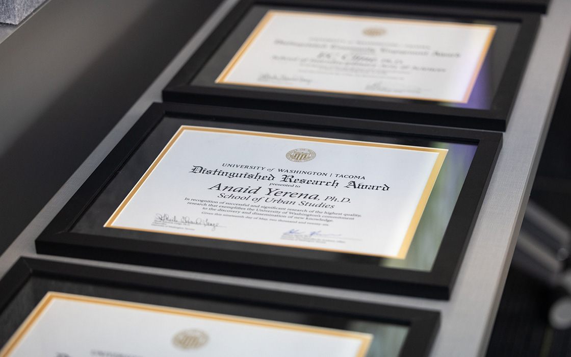 Printed certificates presented at UW Tacoma's 2026 Spring Recognition event.