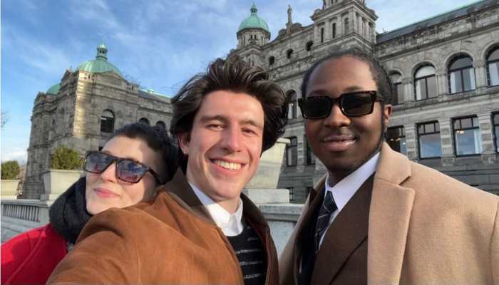 From left to right: Brooklyn Darling Jay ('23), Kohl LeRoy and Elijah Henry in front of the Parliament building in Victoria, British Columbia after a cohort field trip to learn about the Canadian government.