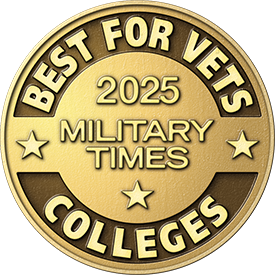 Gold medal with words "BEST FOR VETS. 2025 MILITARY TIMES. COLLEGES."