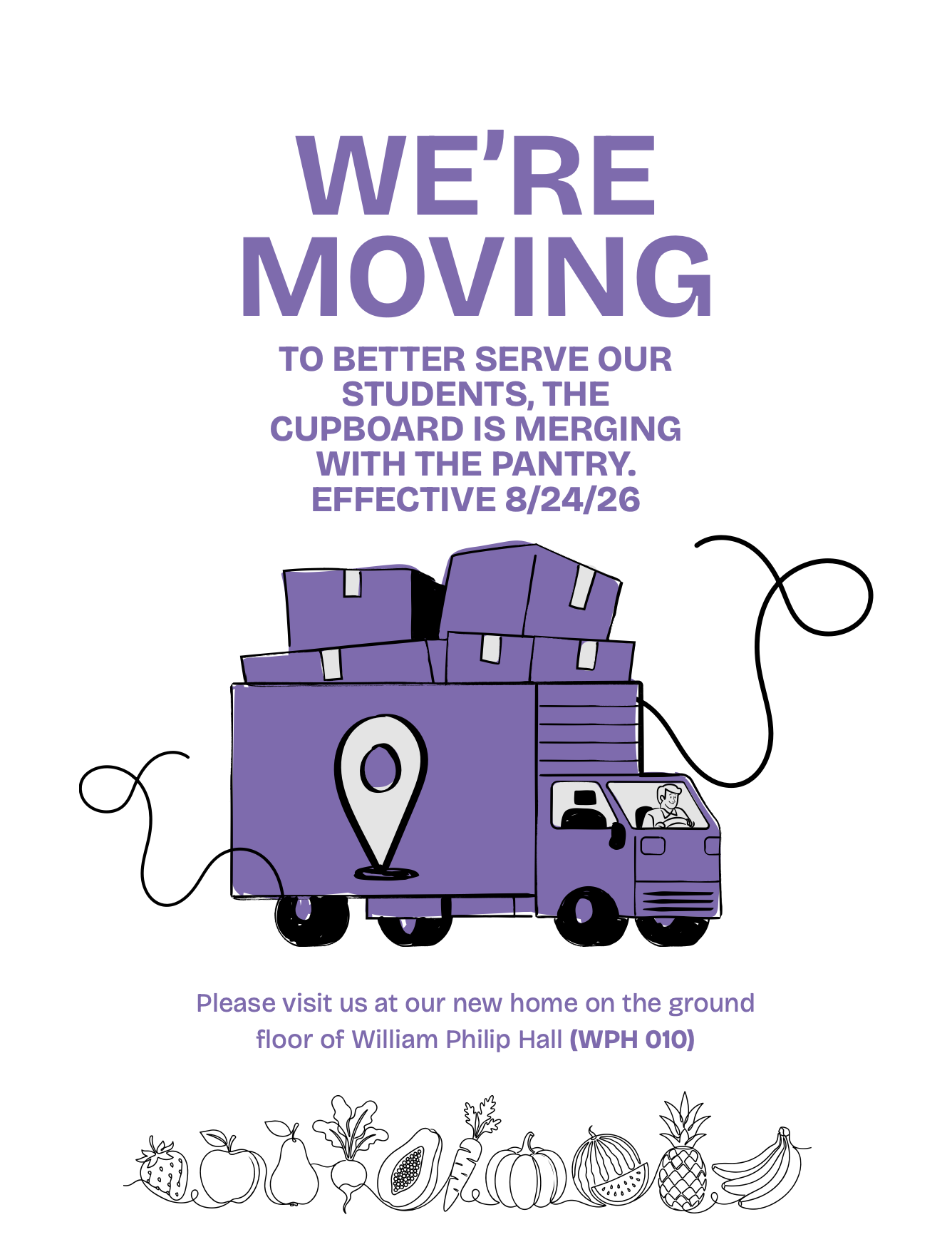The cupboard is moving! To better serve our students, the Cupboard is merging with the Pantry effective 8/24/26. Please visit us at our new home on the ground floor of Willam Phillip Hall (WPH 010).