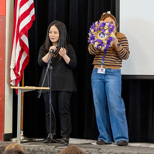 Dr. Rcahel Endo and Janne Marri Heckeroth on stage at the event