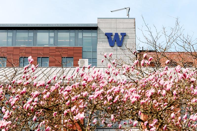 Brick building with W behind magnolia blooms