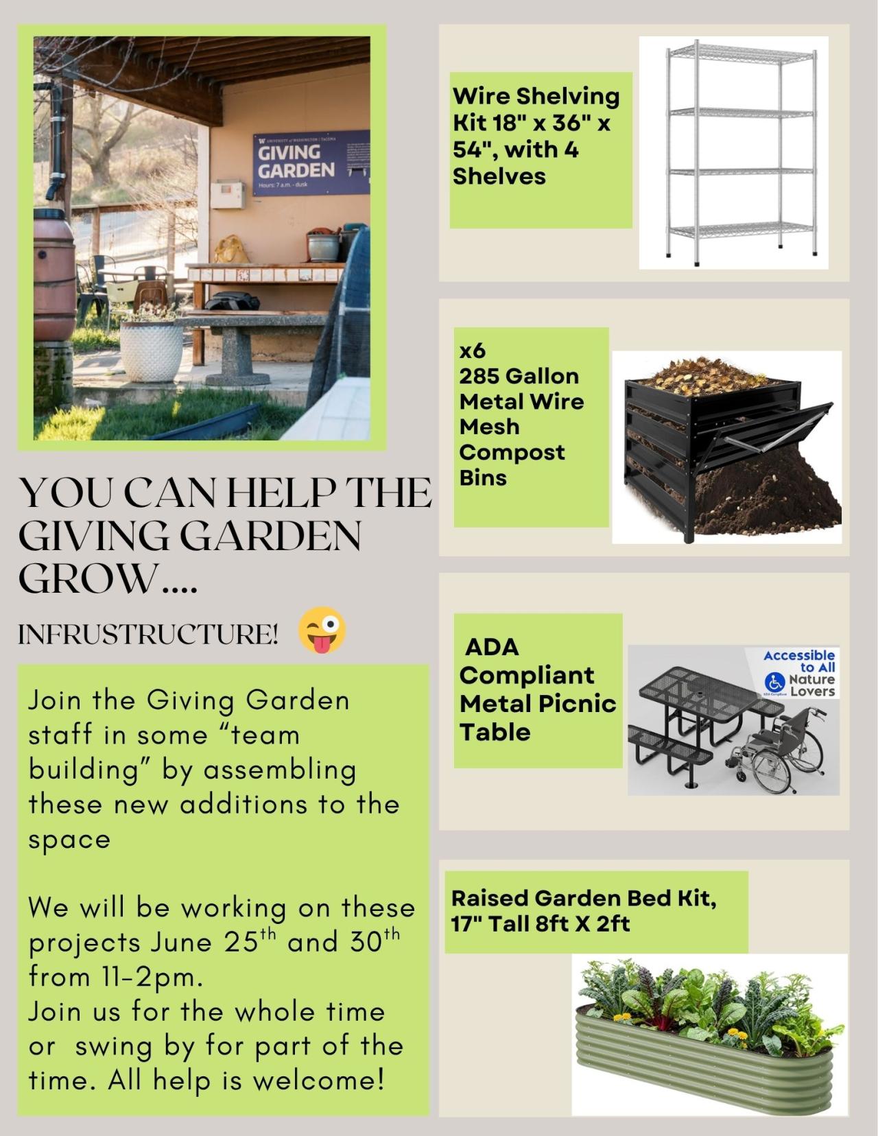 Photo of the garden shed, image of shelving unit, image of compost bin, image of ADA compliant picnic table, and image of raised garden bed