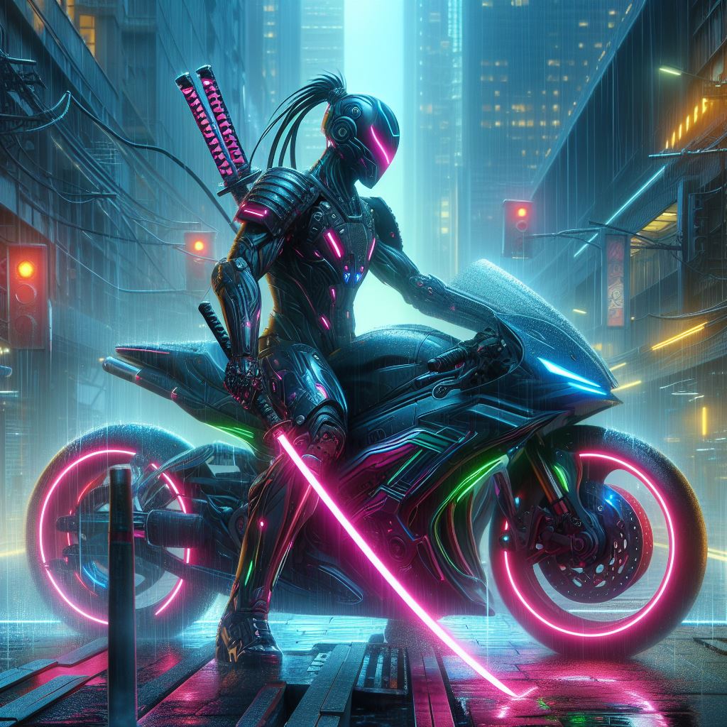 Cyberpunk Samurai on Motorcycle