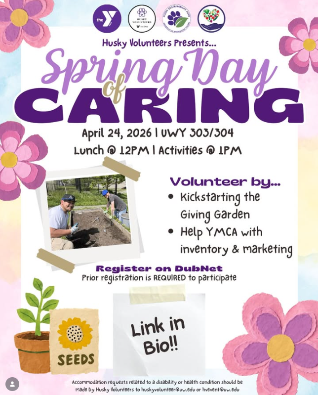 Spring Day of Caring Flyer. "volunteer by kick starting the Giving Garden or help the YMCA with inventory & marketing. Register on Dubnet. Prior registration is REQUIRED to participate 