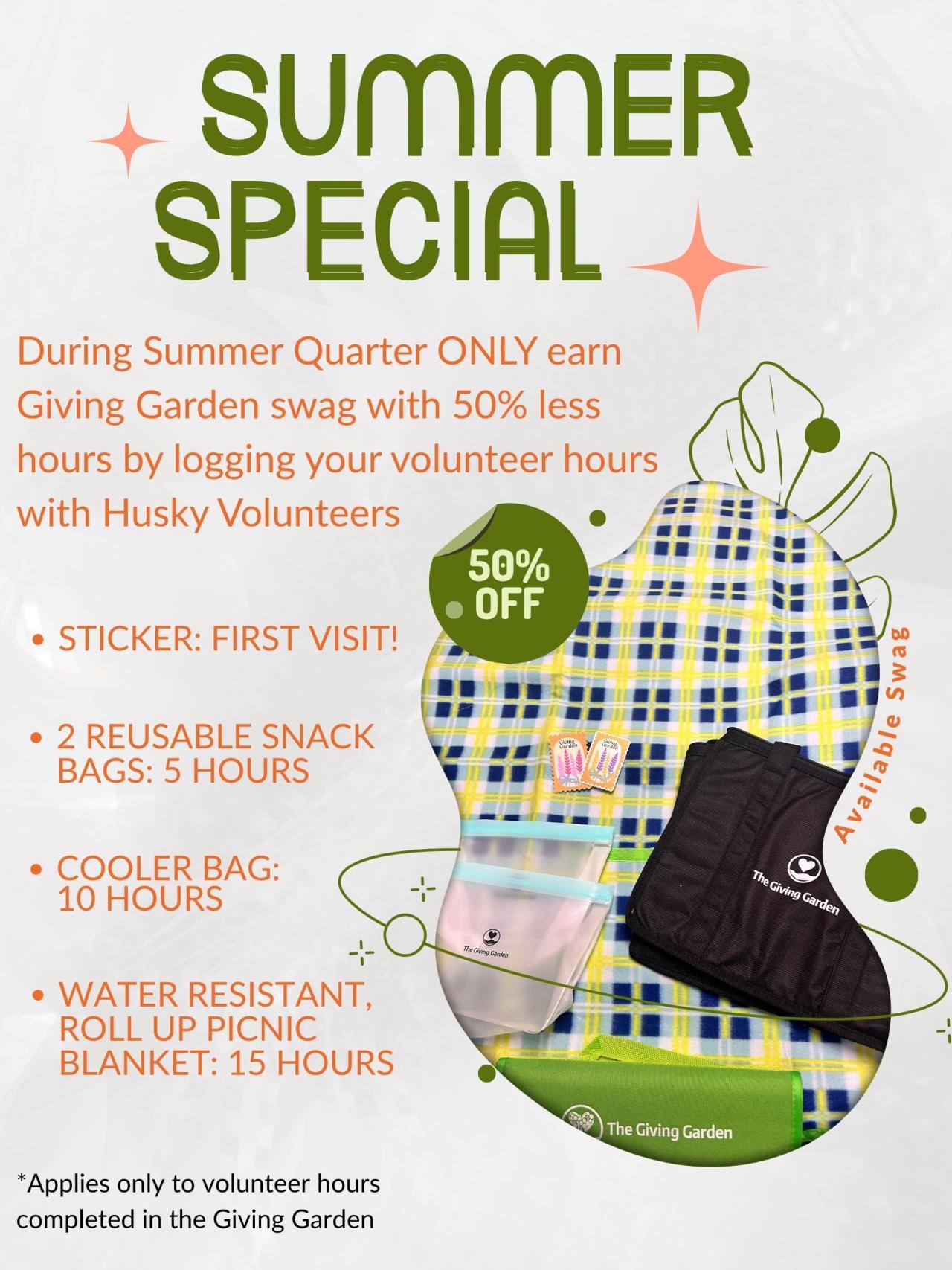 Image of picnic blanket with Giving Garden stickers, reusable snack bags, and cooler bag placed on top