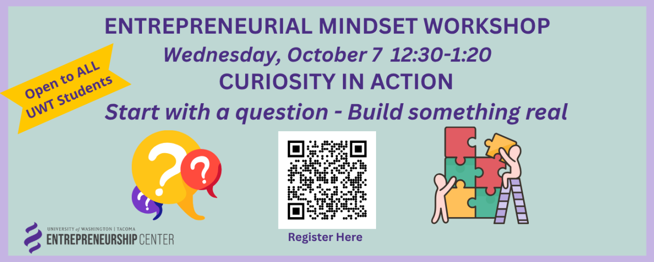 Graphics showing question marks and puzzle pieces.  QR code for registration